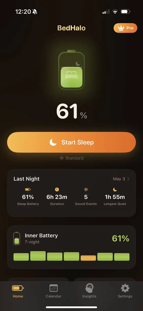 BedHalo iPhone sleep tracking home screen showing the Sleep Battery score