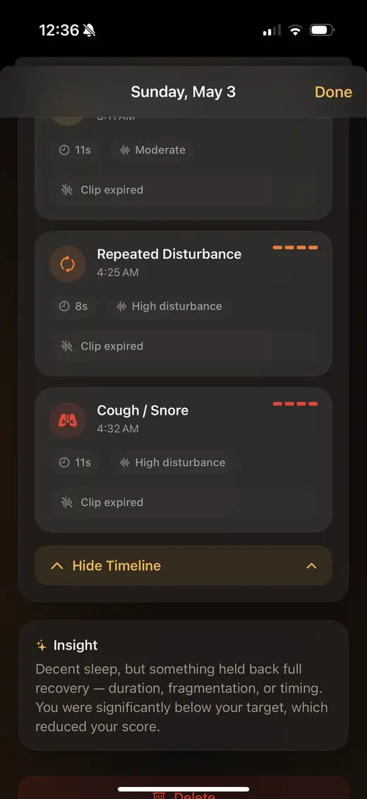 BedHalo sleep insights screen showing multi-night recovery trends