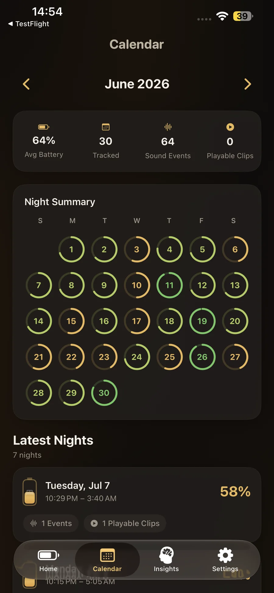 BedHalo calendar showing a month of nightly scores