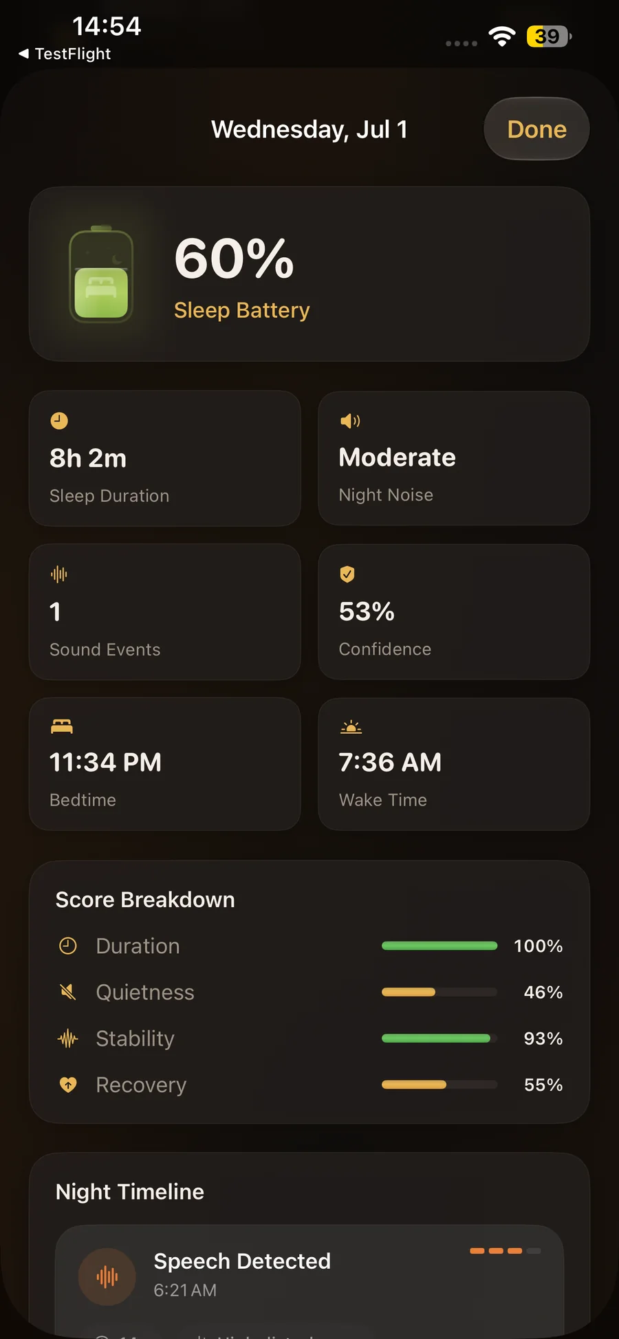 BedHalo night detail showing duration, noise, events, and recovery