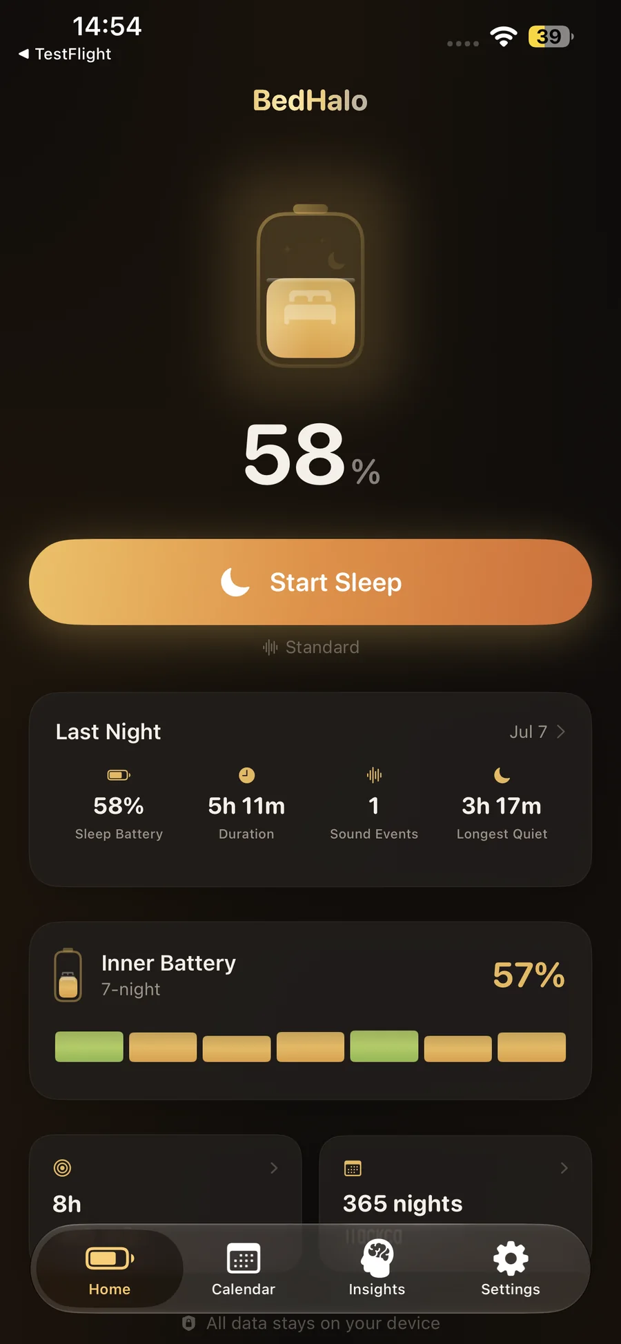 BedHalo home screen showing Sleep Battery and Start Sleep
