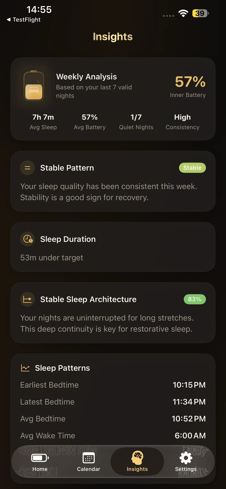 BedHalo weekly sleep analysis and insights screen